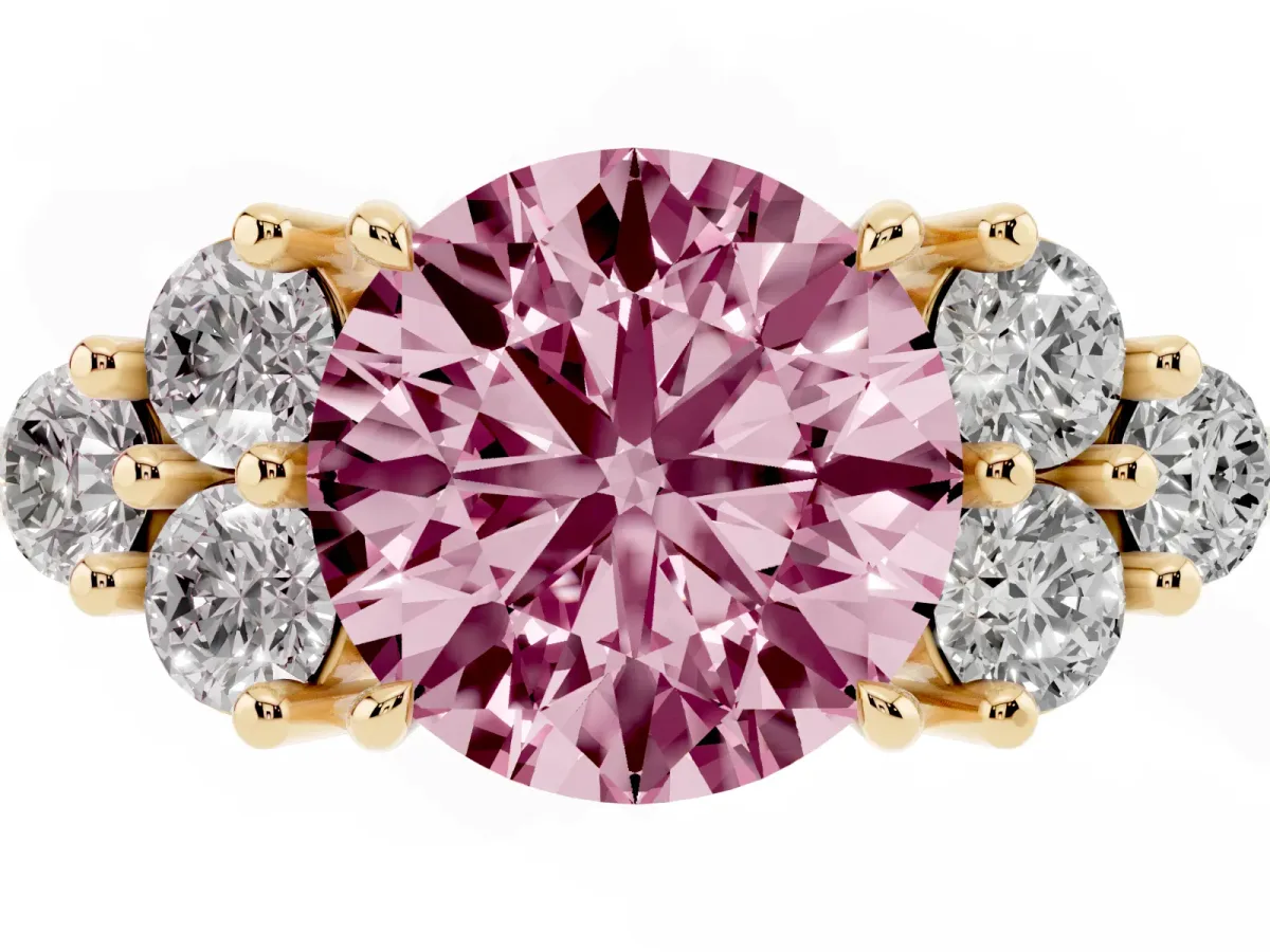 Fancy Pink Round Cut Brilliant Diamond Cluster Accent Solitaire Ring with Prong Setting Yellow gold