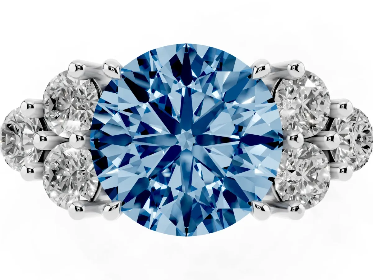 Fancy Blue Round Cut Brilliant Diamond Cluster Accent Solitaire Ring with Prong Setting Platinum