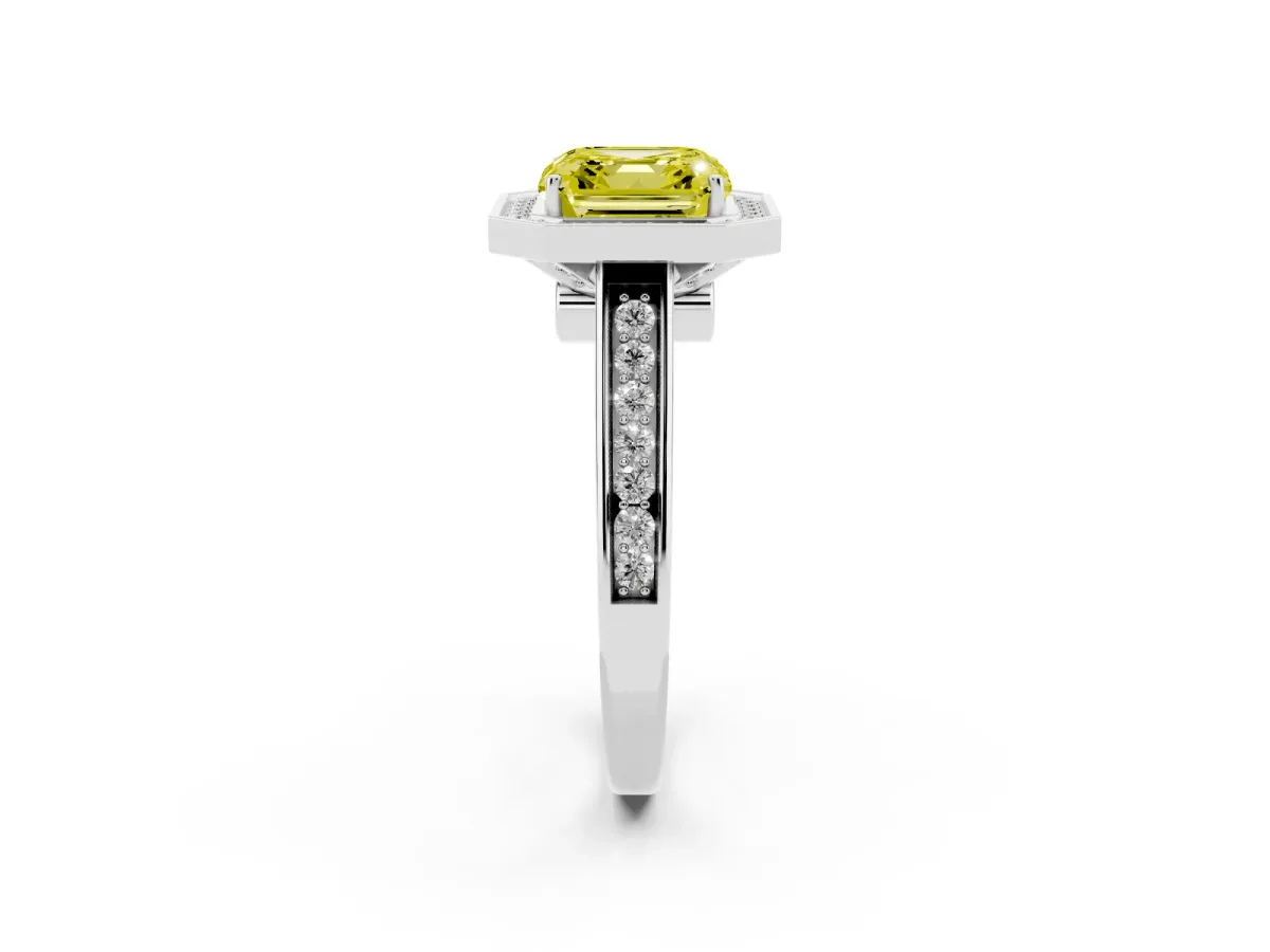 Fancy Yellow Asscher Cut Halo Solitaire Diamond Ring with Pave Band and Bezel Setting Silver