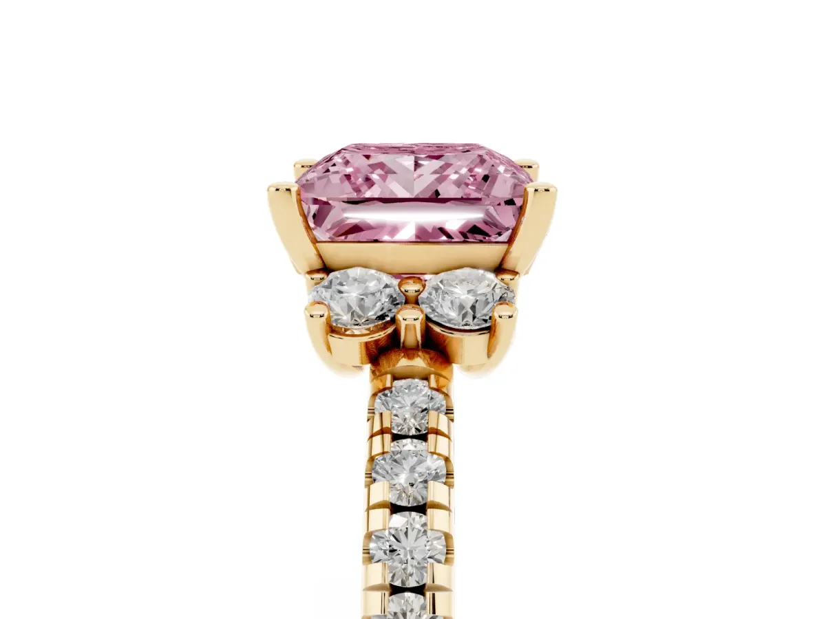 Fancy Pink Princess Cut Diamond Three-Stone Pave Band with Four-Prong Setting Yellow gold