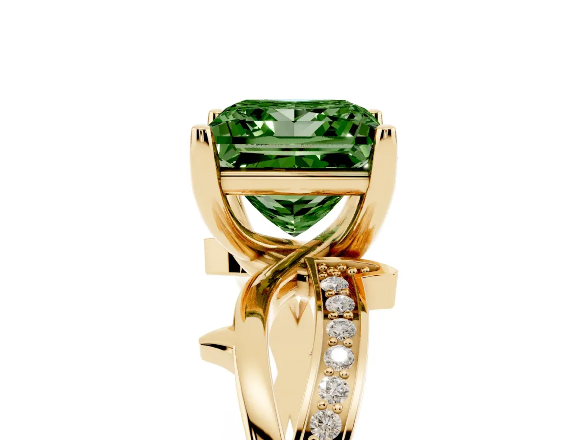 Fancy Green Princess Cut Solitaire Twist Band with Pavé Accents and Four-Prong Setting Yellow gold