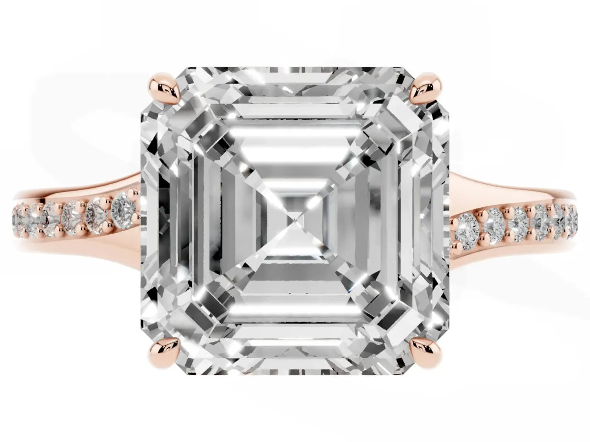 Asscher Cut Diamond Solitaire Ring with Pavé Band and Prong Setting Rose gold