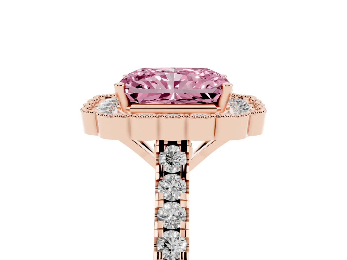 Fancy Pink Radiant Cut Cut Diamond Milgrain Floral Halo Engagement Ring with Pavé Band Rose gold