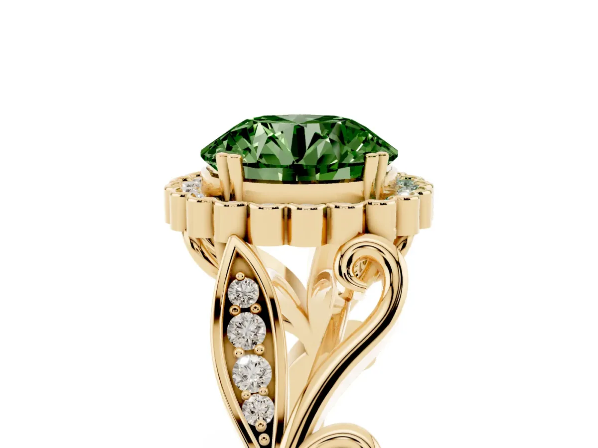 Fancy Green Round Cut Diamond Halo Ring with Vintage Split Shank and Four-Prong Setting Yellow gold