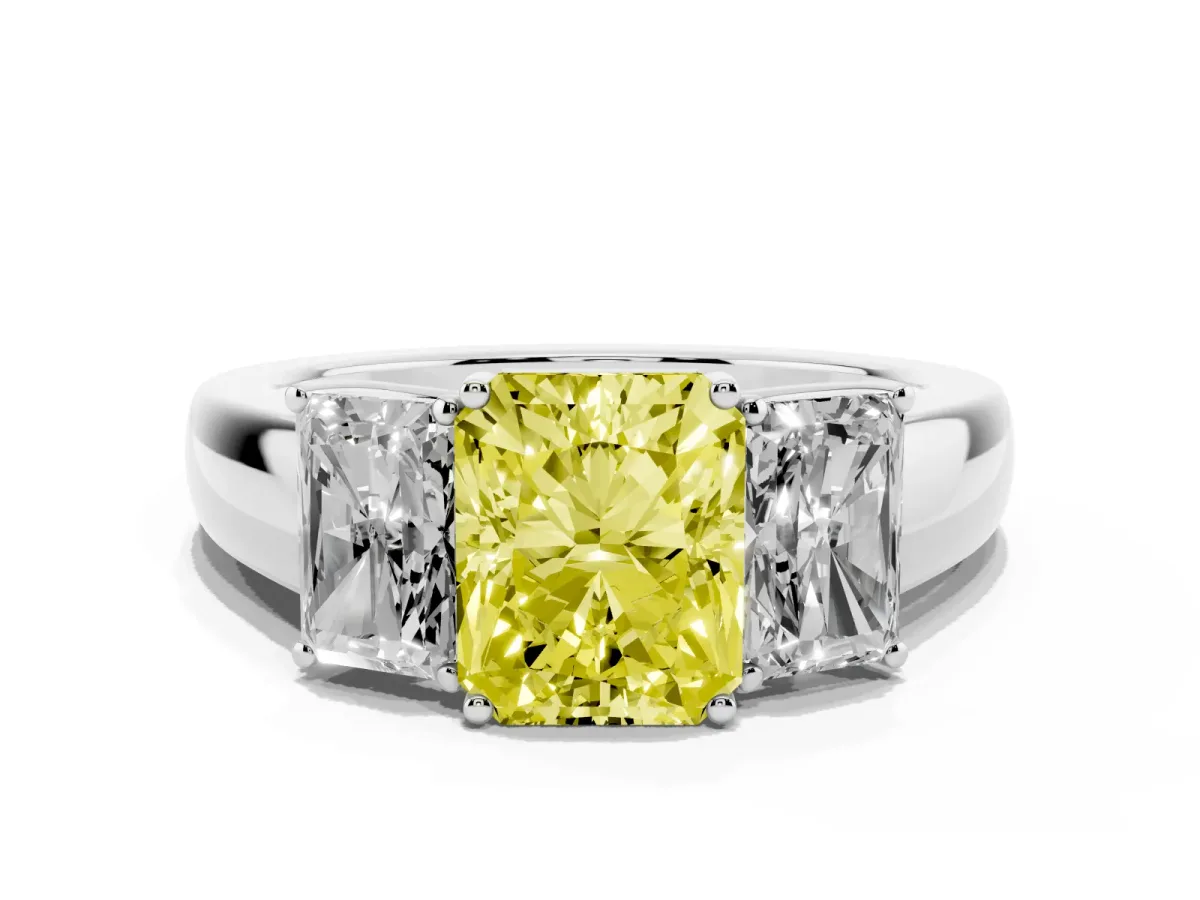 Fancy Yellow Three-Stone Radiant Cut Cut Diamond Ring with Prong Setting and Classic Band Silver