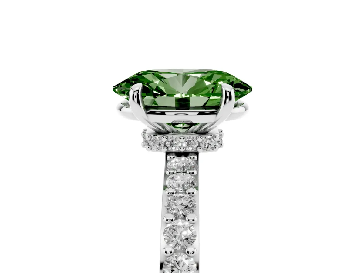 Fancy Green Oval Cut Diamond Pavé Engagement Ring with Round Accents and Prong Setting Silver