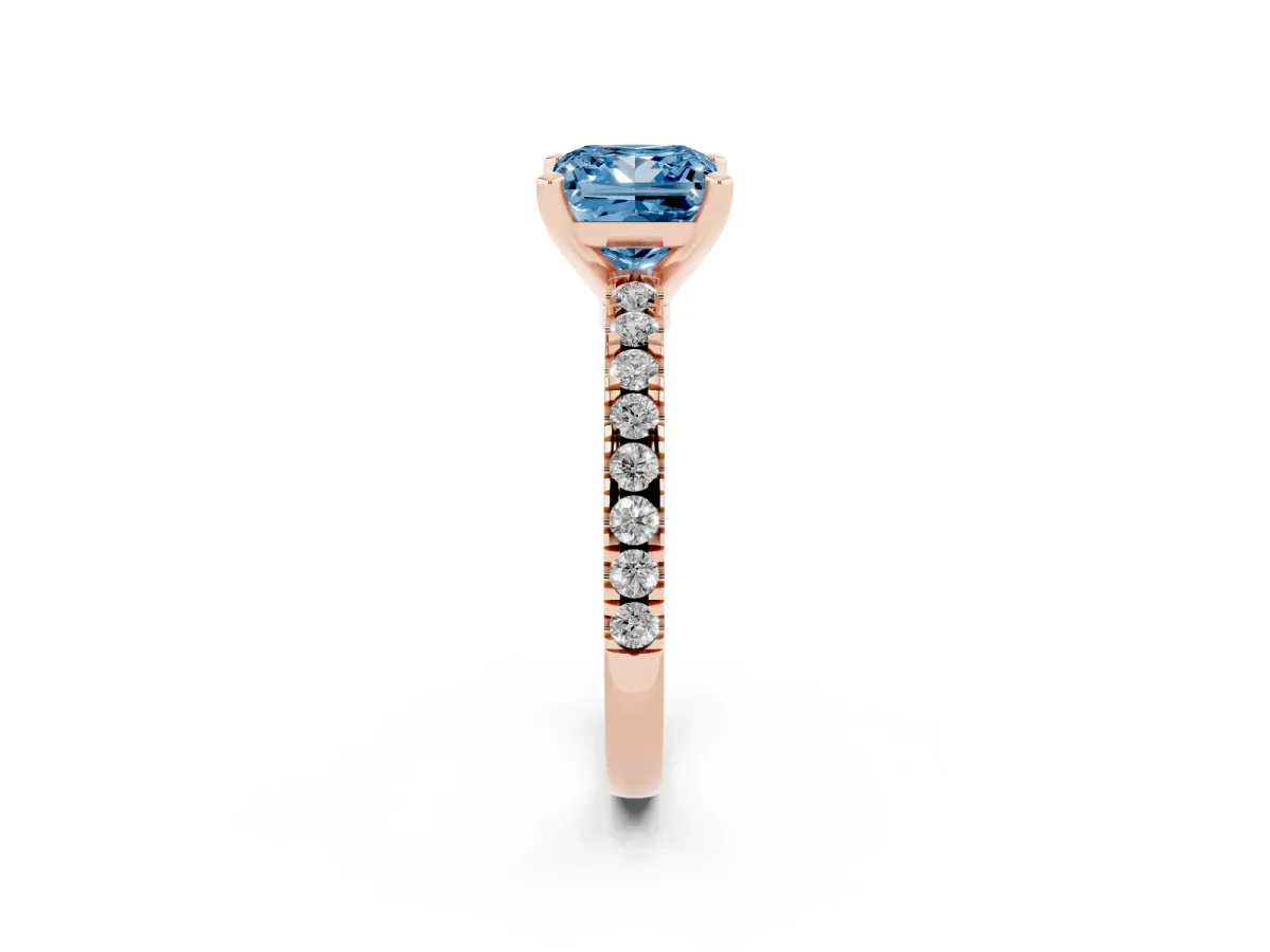Fancy Blue Princess Cut Solitaire Diamond with Pavé Band and Four-Prong Setting Rose gold