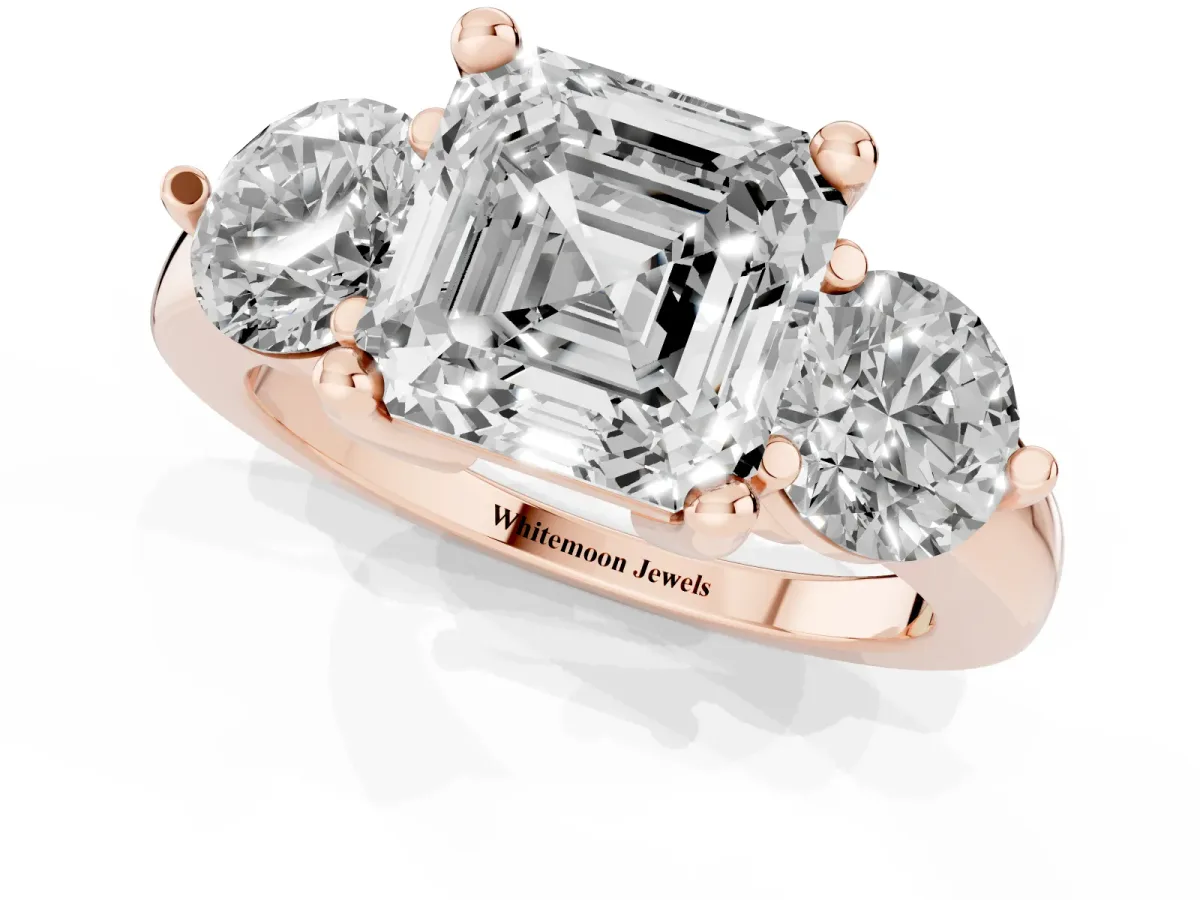 Three-Stone Asscher Cut Brilliant Cut Solitaire Ring with Prong Setting on a Classic Band Rose gold
