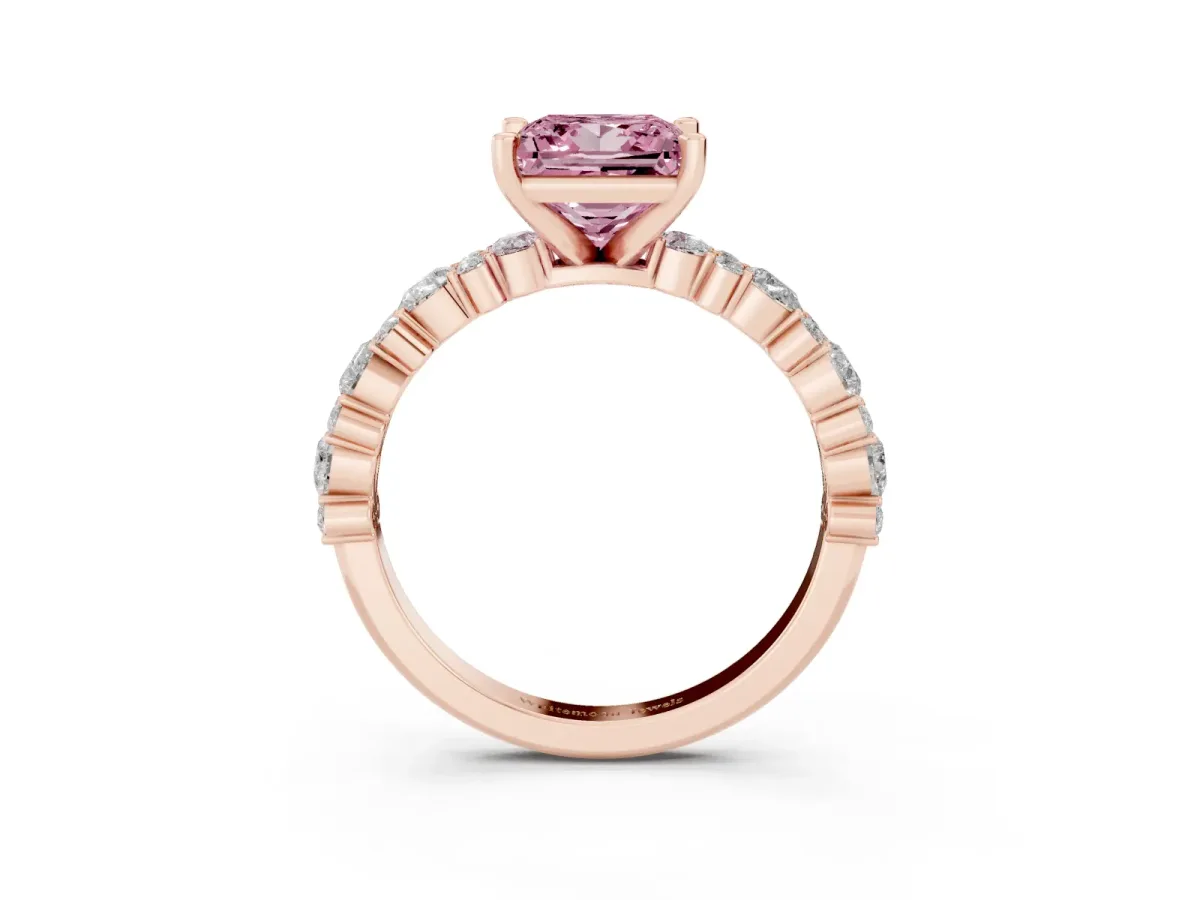 Fancy Pink Princess Cut Diamond Side Stone Solitaire Ring with Round and Four-Prong Setting Rose gold