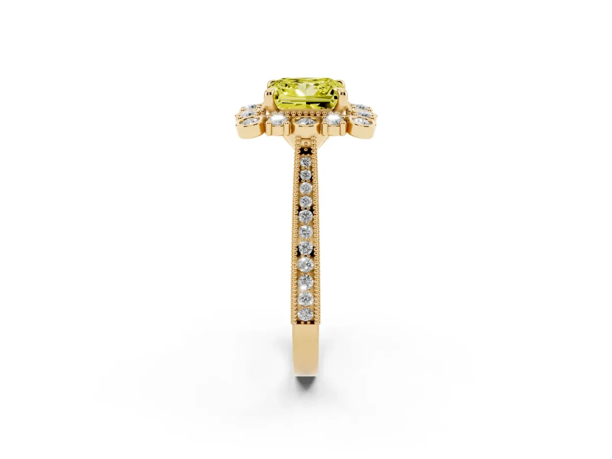 Fancy Yellow Princess Cut Halo Milgrain Pave Diamond Ring with Four-Prong Setting Yellow gold