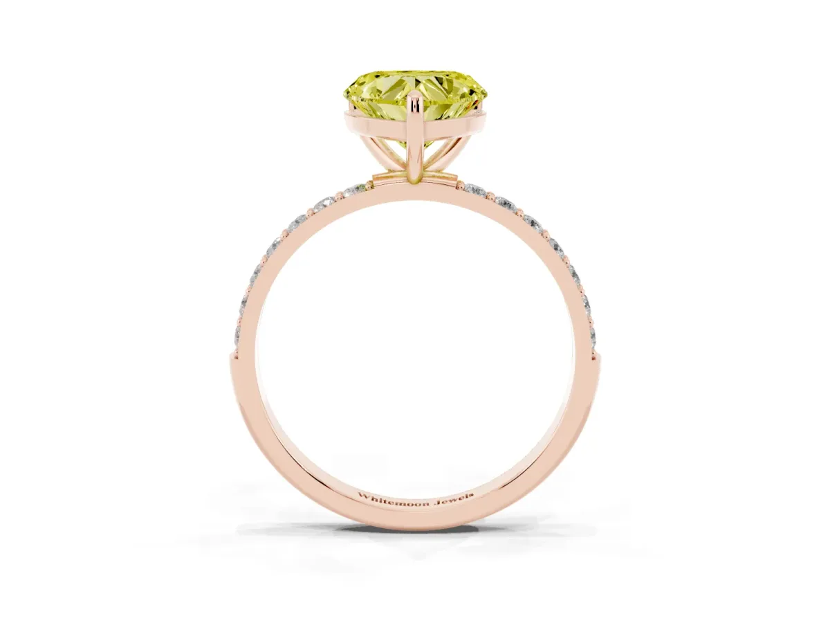 Fancy Yellow Heart Cut Diamond Solitaire Ring with Round Pavé Band and Prong Setting Rose gold