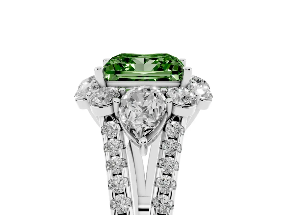 Fancy Green Princess Cut Halo Split Shank Diamond Engagement Ring with Prong Setting Silver