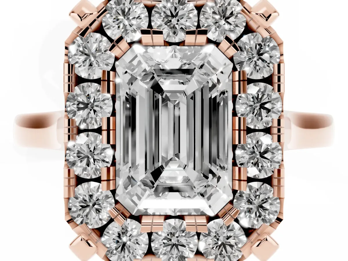 Emerald Cut Diamond Cluster Halo Solitaire with Four-Prong Setting Rose gold