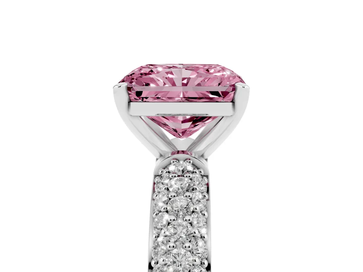 Fancy Pink Radiant Cut Diamond Solitaire Ring with Prong Setting and Pavé Band Silver