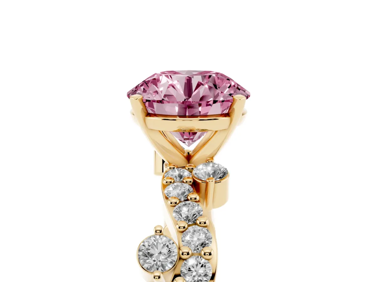 Fancy Pink Round Cut Cut Solitaire Diamond Twisted Band with Pave Setting Yellow gold