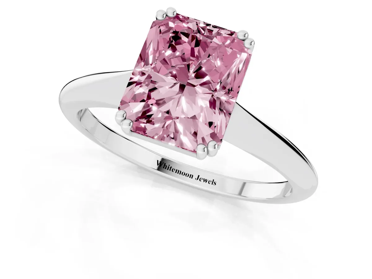 Fancy Pink Radiant Cut Solitaire Diamond Ring with Six-Prong Setting and Classic Band Silver
