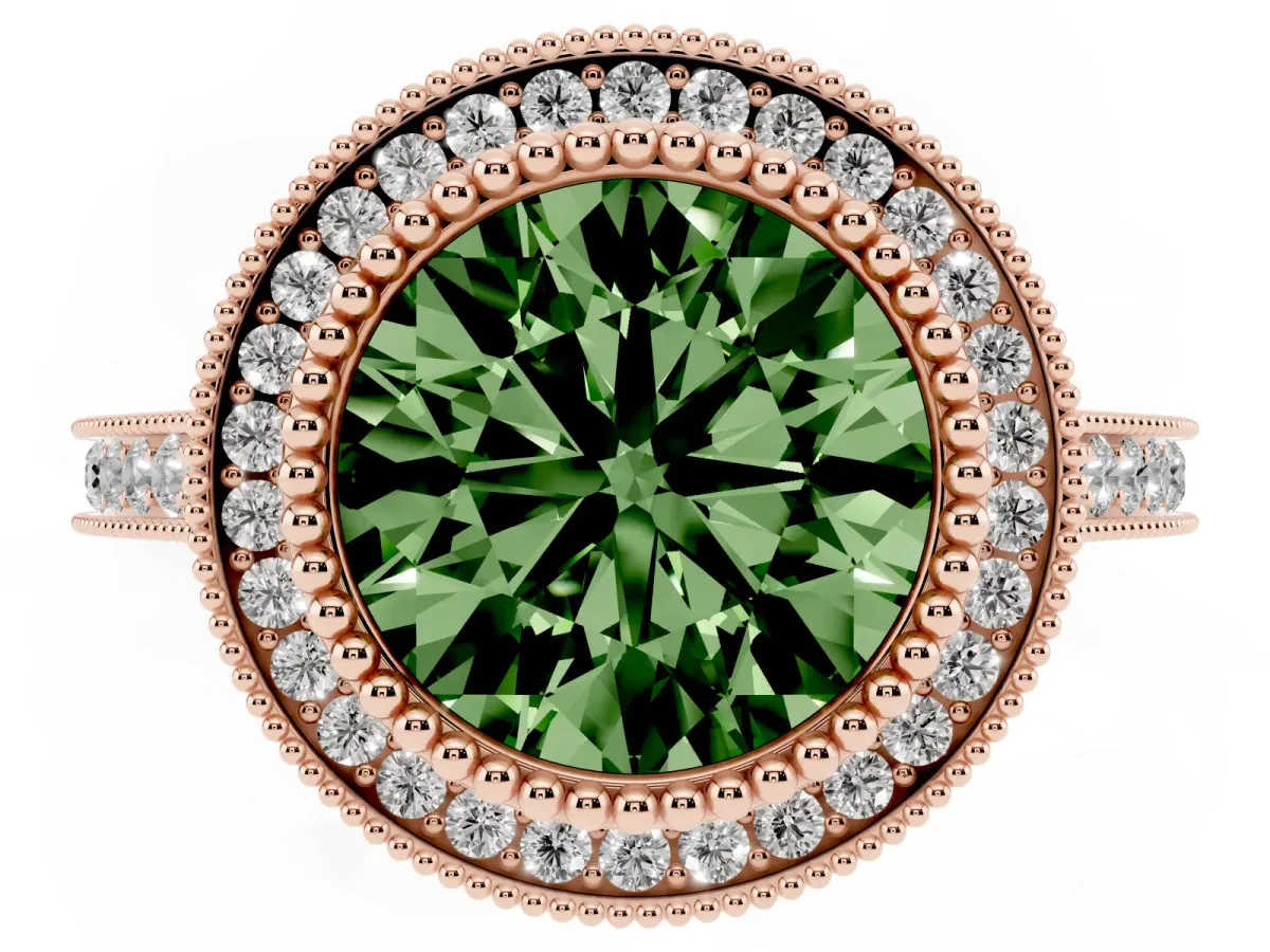 Fancy Green Round Cut Diamond Halo Ring with Milgrain Frame and Pavé Band Rose gold