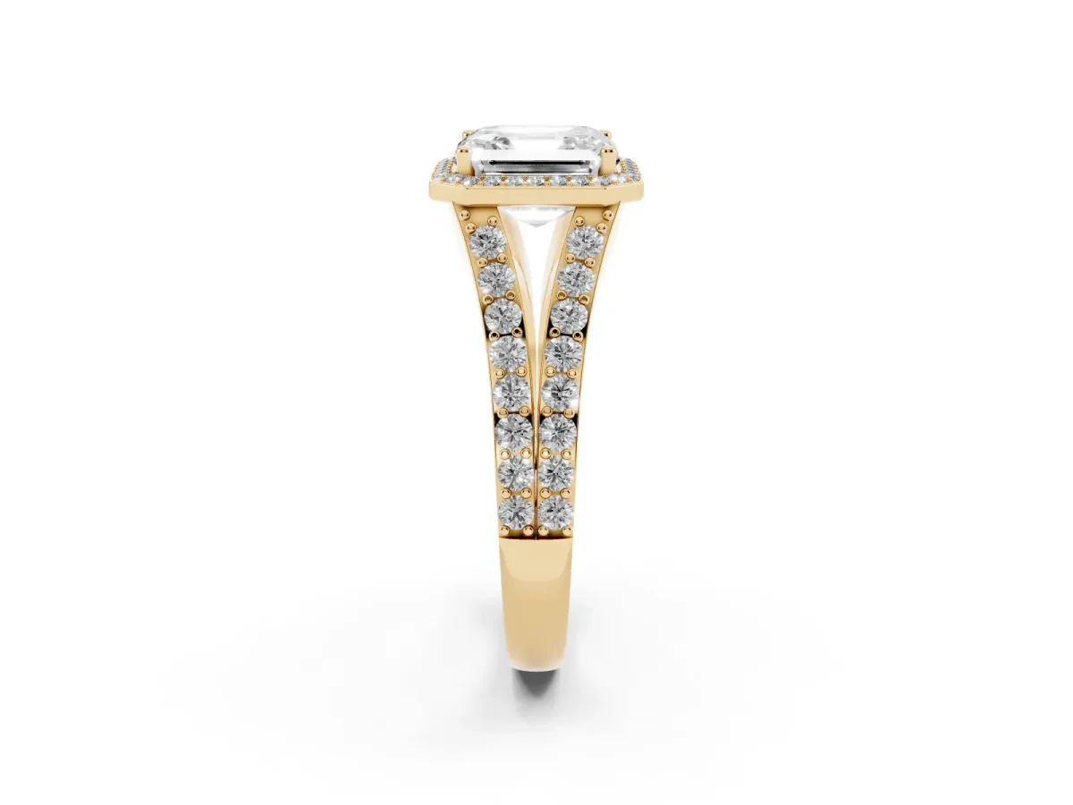 Asscher Cut Diamond Split Shank Halo Ring with Four-Prong Setting Yellow gold