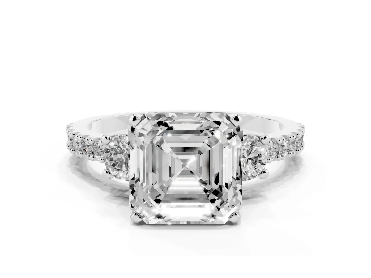 Asscher Cut Three-Stone Diamond Pavé Band with Prong Setting Platinum