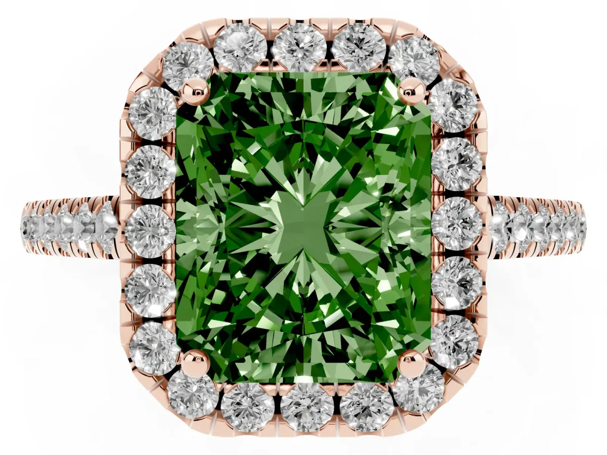 Fancy Green Radiant Cut Halo Pavé Diamond Engagement Ring with Four-Prong Setting Rose gold