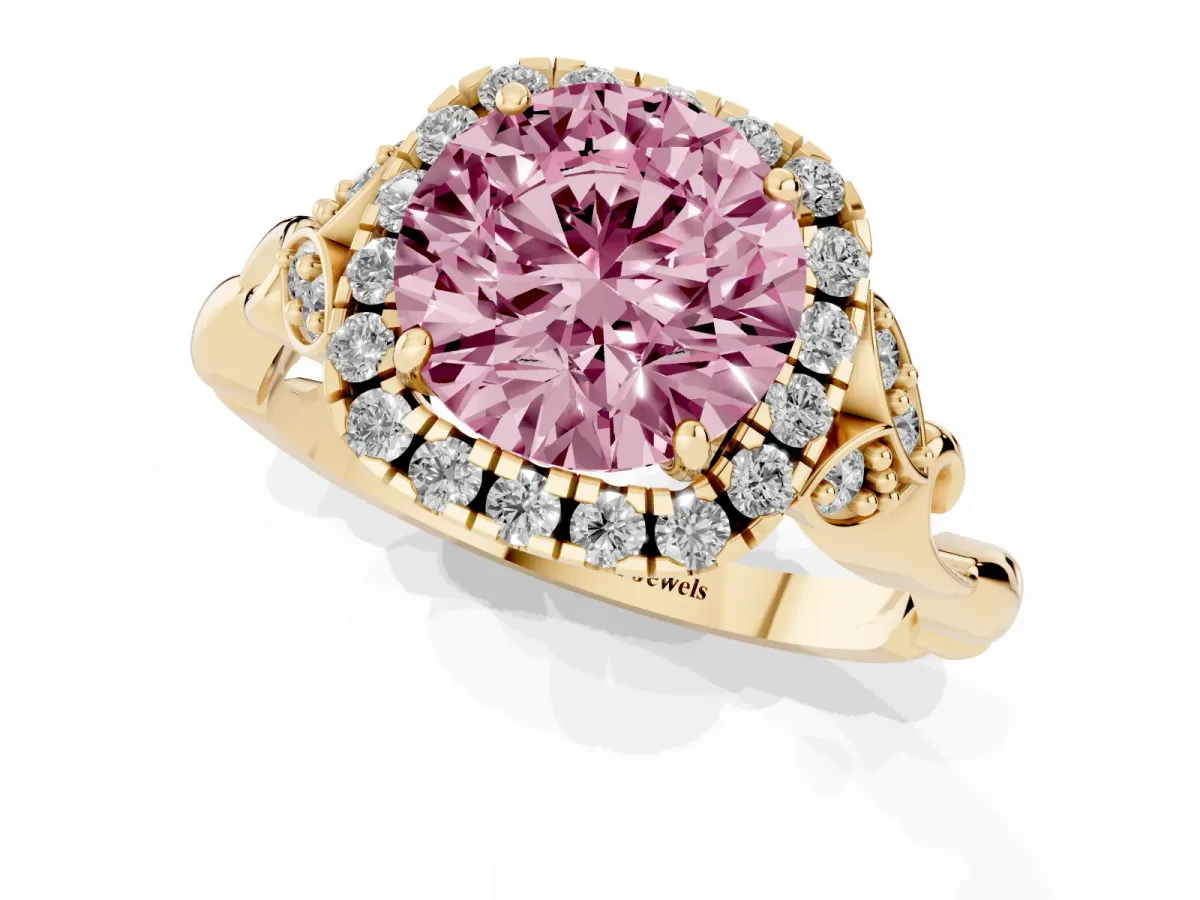 Fancy Pink Round Cut Halo Diamond Engagement Ring with Vintage-Inspired Band and Four-Prong Setting Yellow gold
