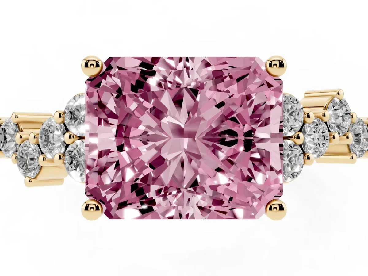 Fancy Pink Radiant Cut Diamond Scattered Round Accent Ring with Prong Setting Yellow gold