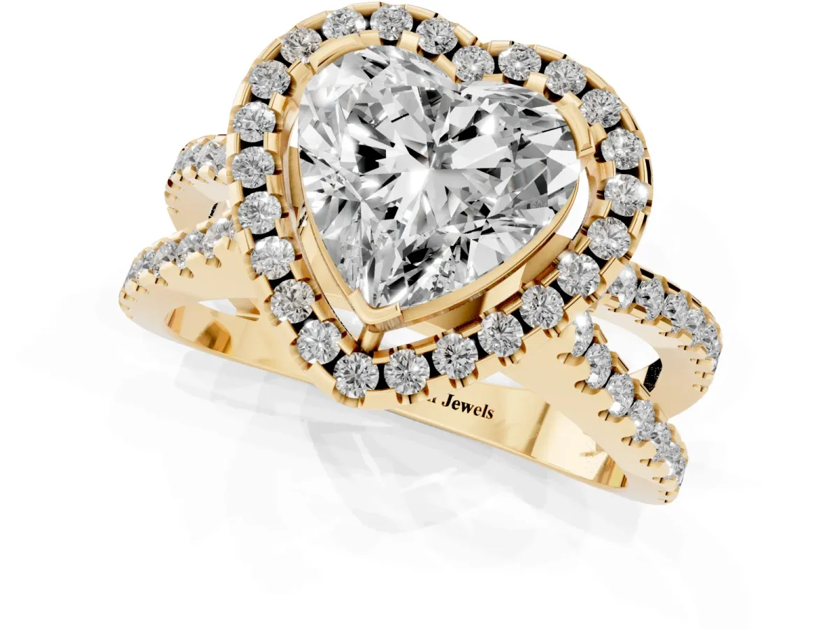 Heart Cut Diamond Halo Ring with Split Shank Pavé Band and Prong Setting Yellow gold