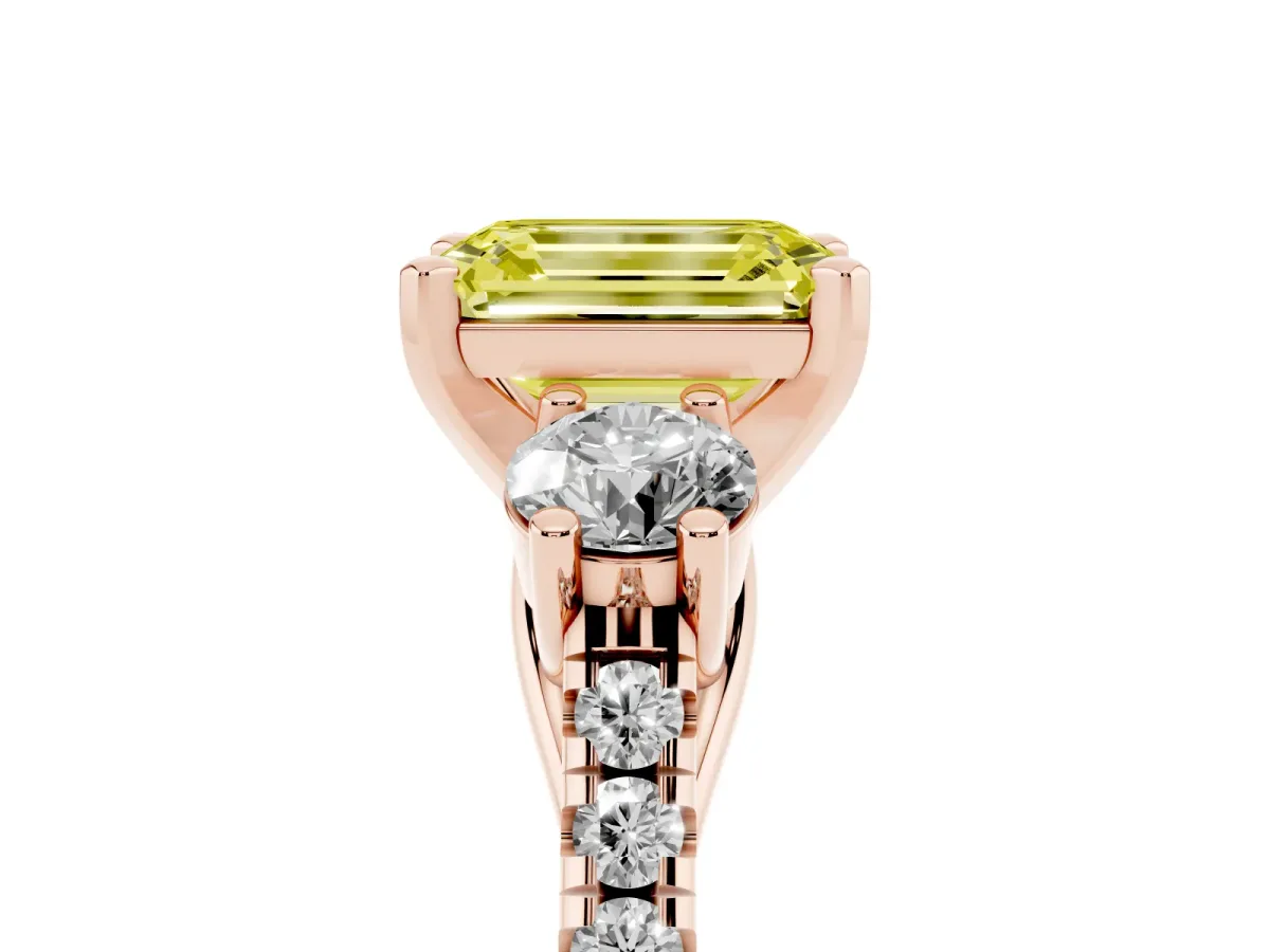 Fancy Yellow Three-Stone Emerald Cut Diamond Pavé Band with Four-Prong Setting Rose gold