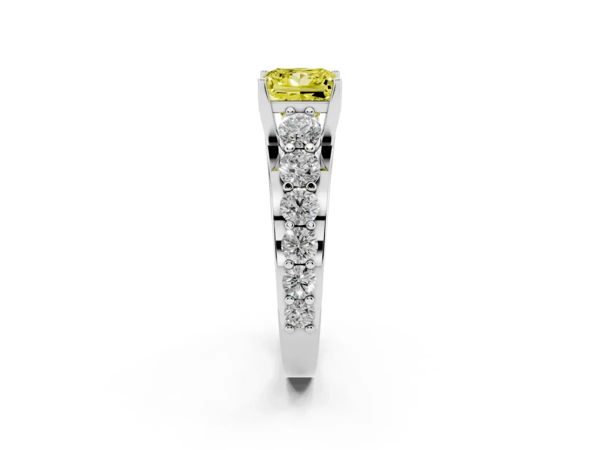 Fancy Yellow Princess Cut Diamond Engagement Ring with Pavé Band and Four-Prong Setting Silver