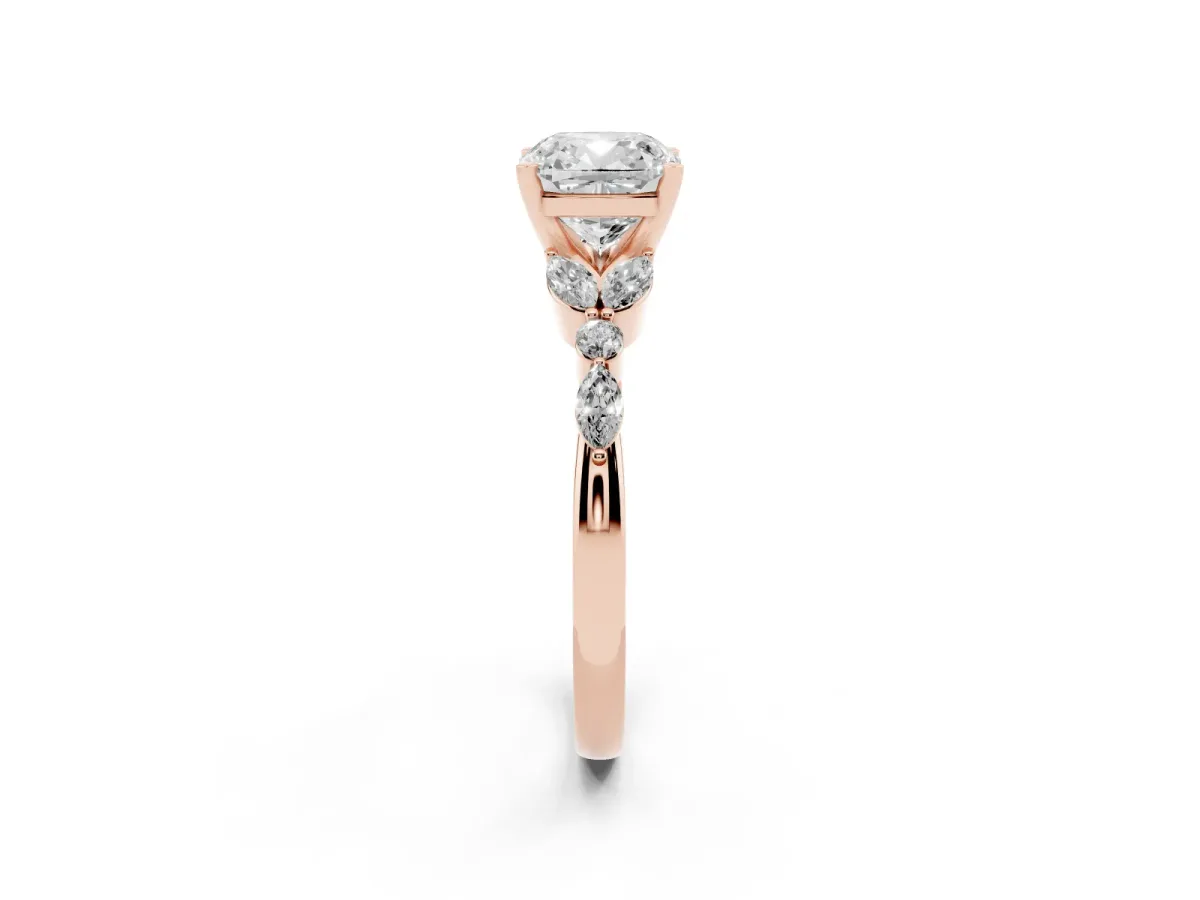 Cushion Cut Diamond Solitaire Ring with Side Stones and Four-Prong Setting Rose gold