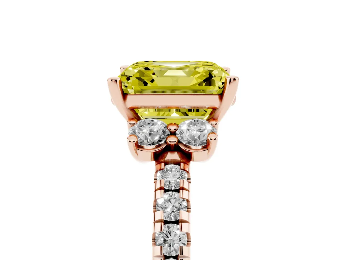 Fancy Yellow Asscher Cut Diamond Three-Stone Pave Band with Four-Prong Setting Rose gold