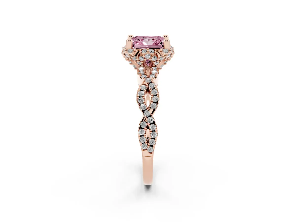 Fancy Pink Princess Cut Halo Twist Band Solitaire Ring with Six-Prong Setting Rose gold