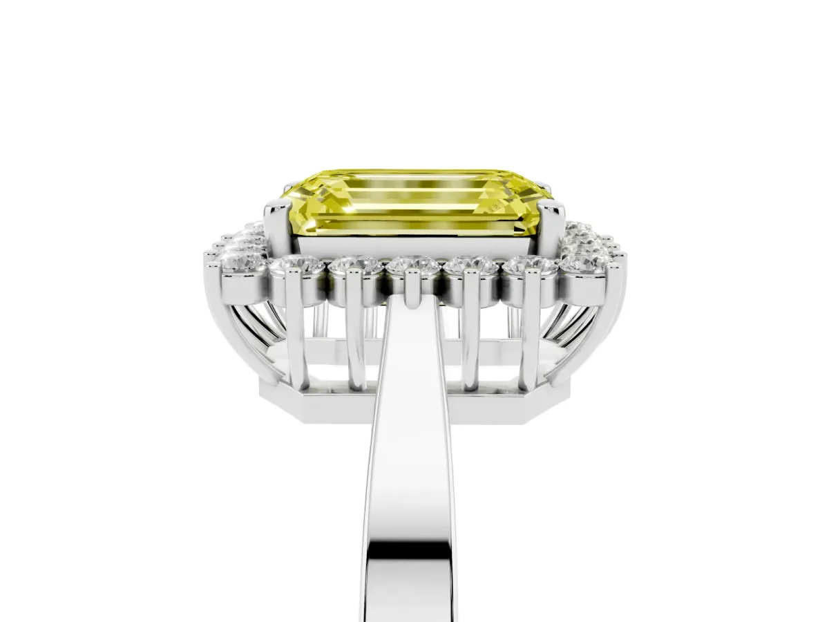 Fancy Yellow Emerald Cut Cut Diamond Halo Ring with Round Brilliant Halo and Solitaire Band Silver