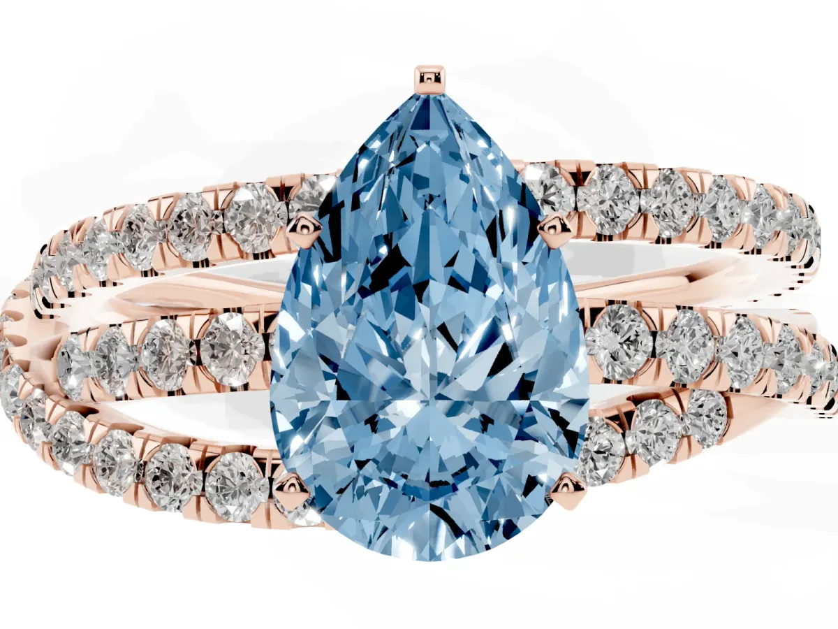 Fancy Blue Pear Cut Solitaire Twist Band with Pavé Setting and Four-Prong Setting Rose gold
