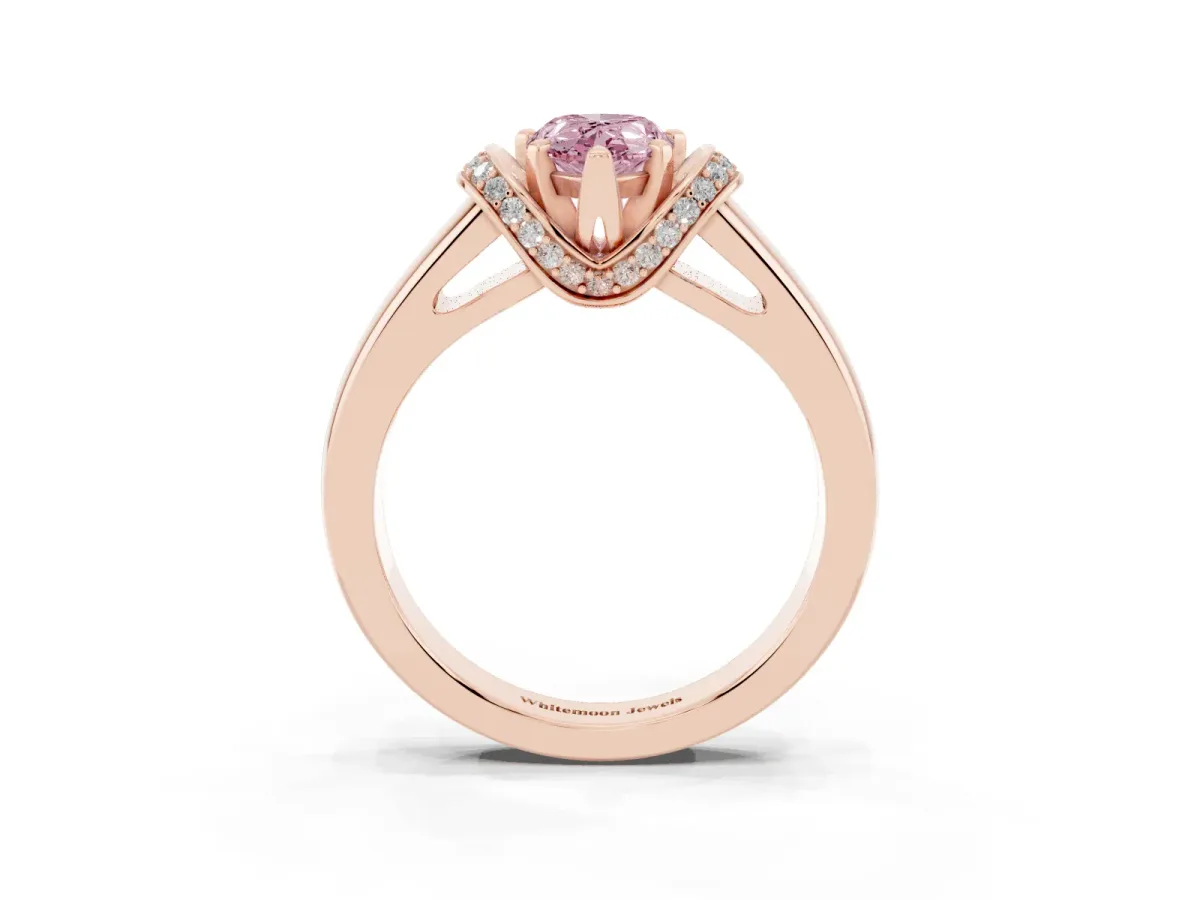 Fancy Pink Pear Cut Solitaire Diamond Ring with Pave Band and Six-Prong Setting Rose gold