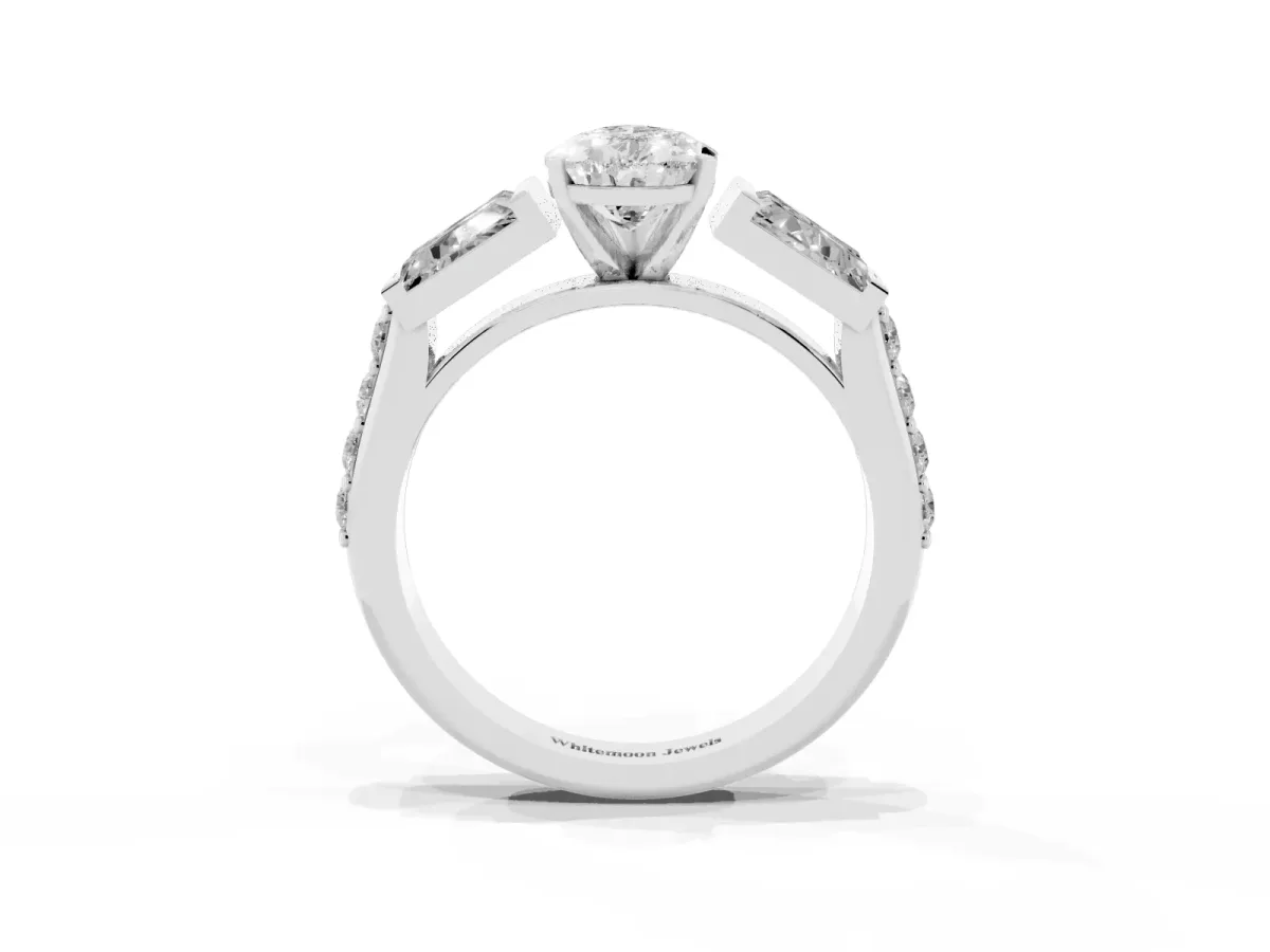 Pear Cut Diamond Engagement Ring with Baguette Side Stones and Channel Set Band Platinum