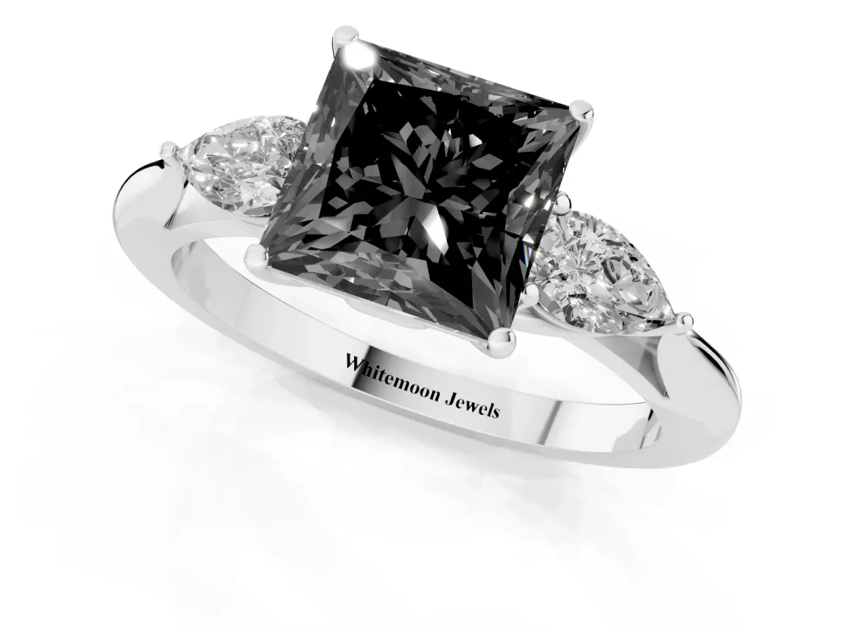 Fancy Black Princess Cut Diamond Three-Stone Ring with Pear Side Stones and Prong Setting Platinum