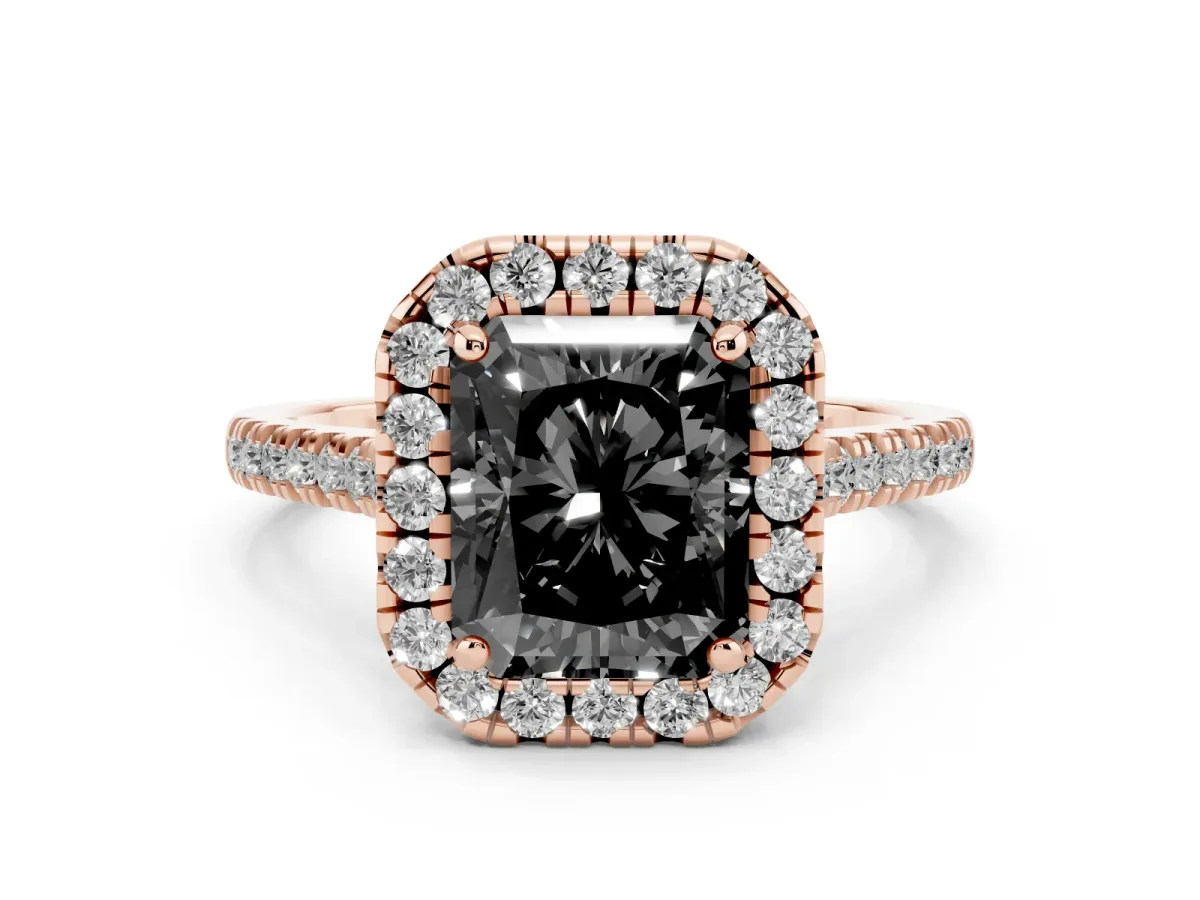 Fancy Black Radiant Cut Diamond Cushion Halo Ring with Pavé Band Rose gold