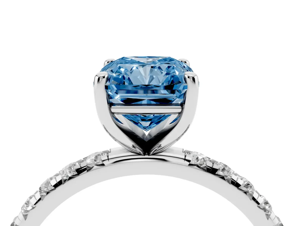 Fancy Blue Radiant Cut Cut Diamond Solitaire Ring with Micro Pave Band and Four Prong Setting Silver