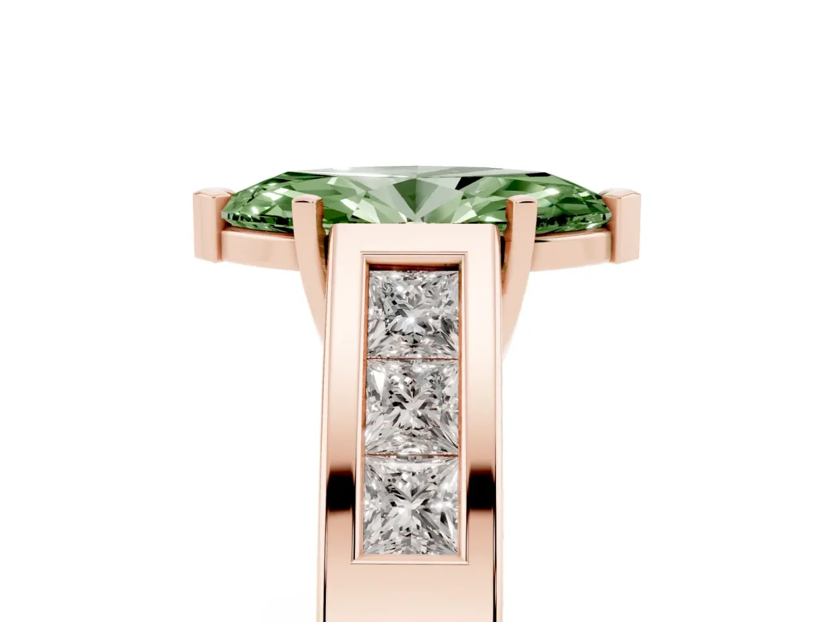 Fancy Green Marquise Cut Cut Channel Set Solitaire Ring with Four-Prong Setting Rose gold