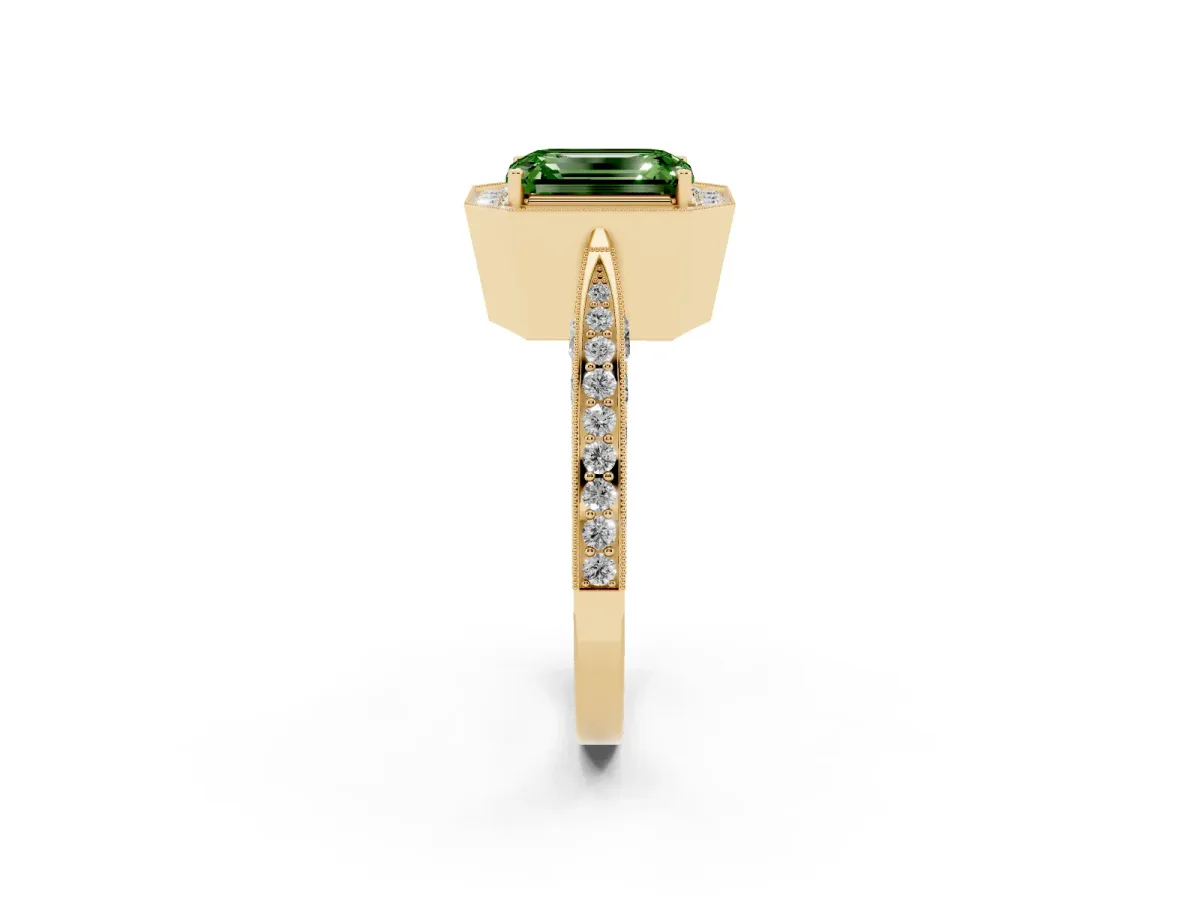 Fancy Green Emerald Cut Halo Diamond Engagement Ring with Split Shank Band and Four-Prong Setting Yellow gold