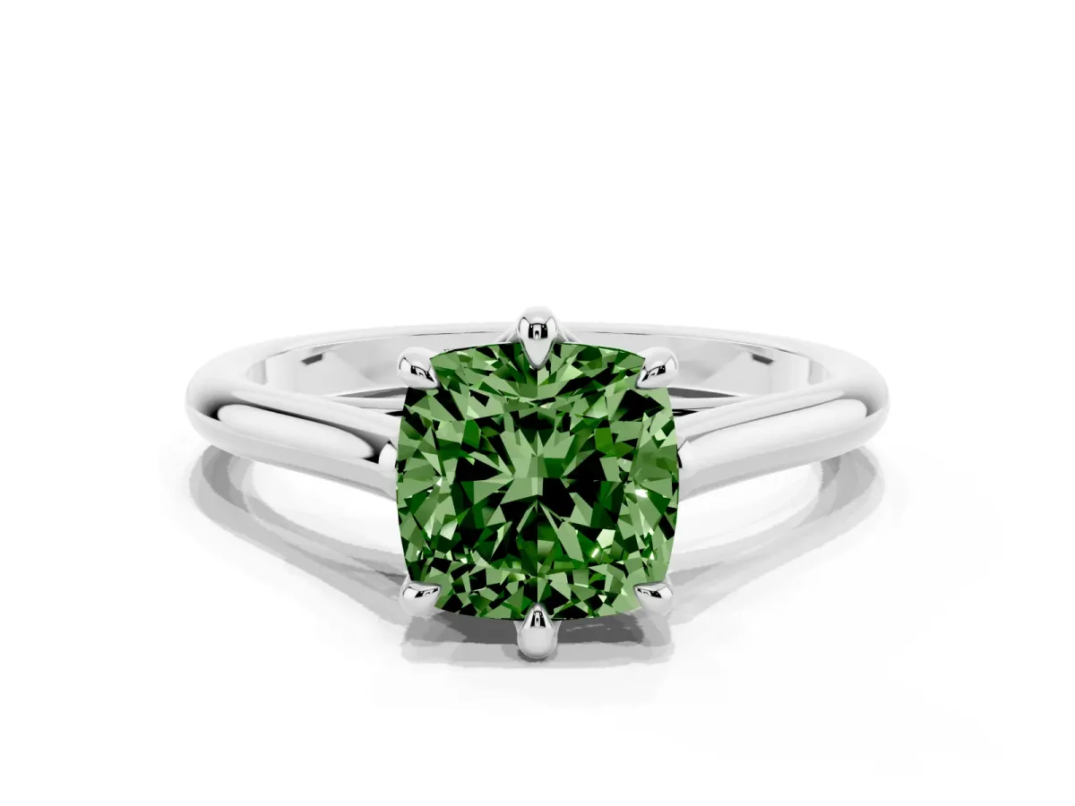 Fancy Green Cushion Cut Solitaire Engagement Ring with Six-Prong Setting and Classic Band Platinum