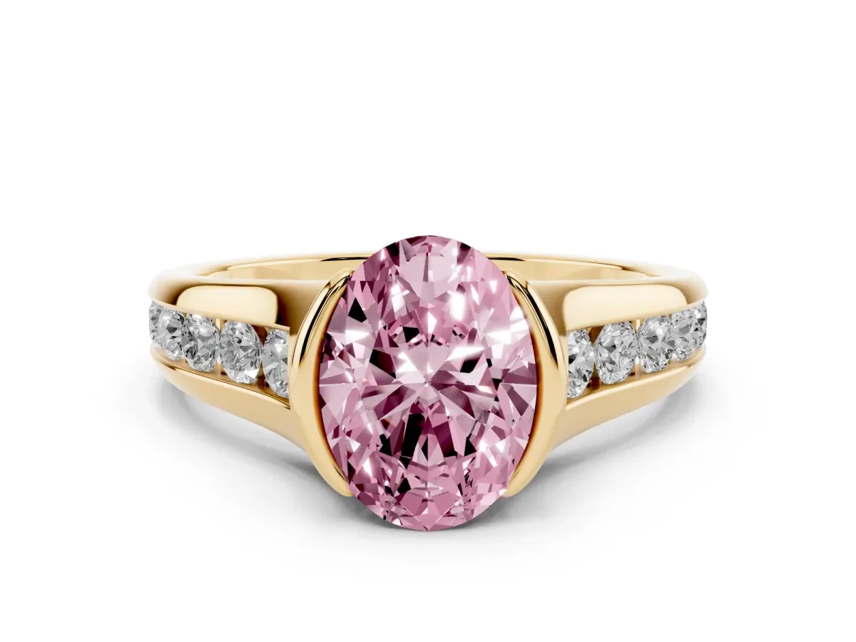 Fancy Pink Oval Cut Solitaire Bezel-Set Diamond Ring with Channel-Set Band Yellow gold