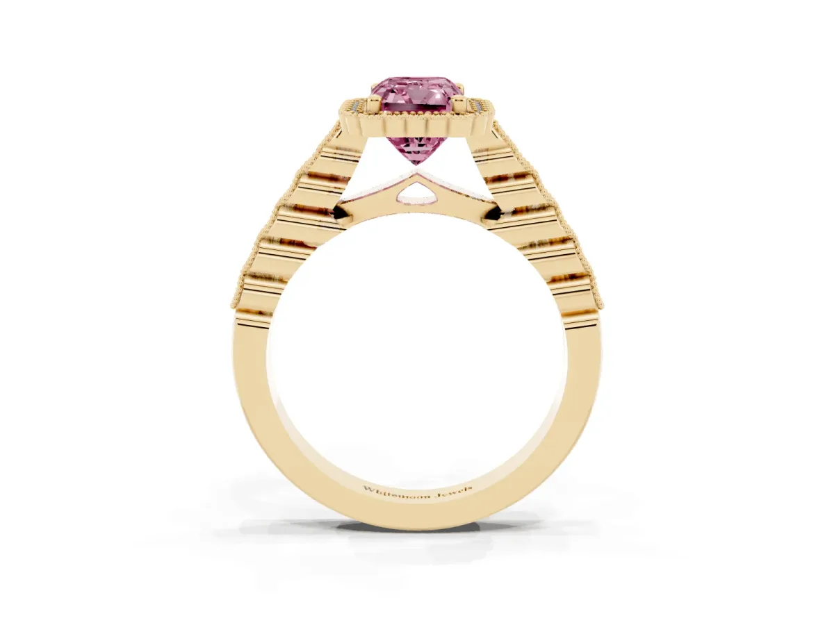 Fancy Pink Radiant Cut Cut Halo Pavé Solitaire Ring with Milgrain Band Yellow gold