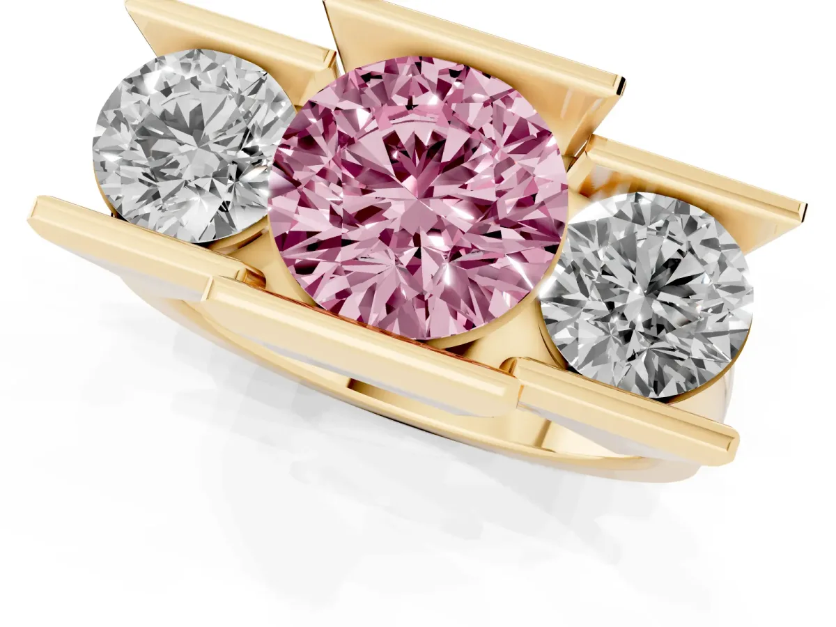 Fancy Pink Three Stone Round Cut Cut Channel Set Diamond Ring Yellow gold