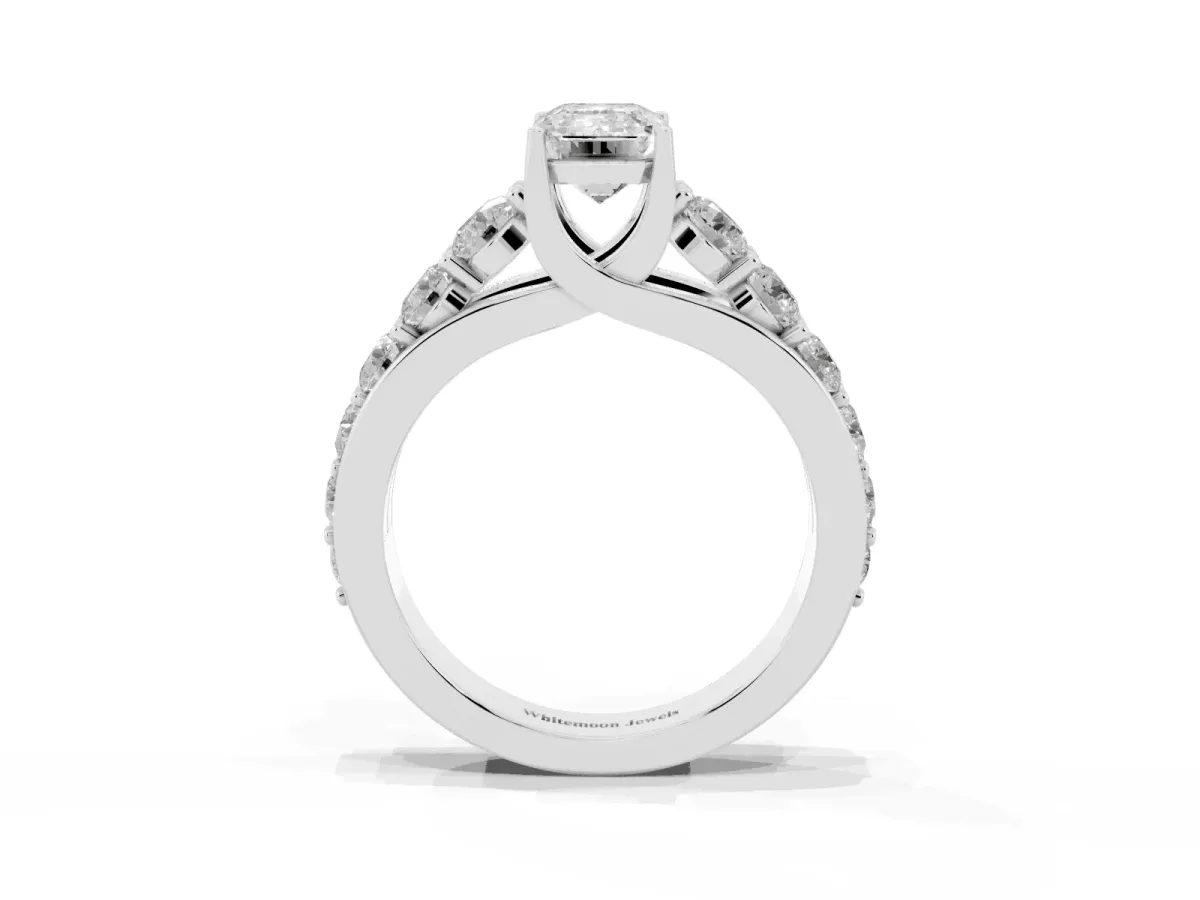 Emerald Cut Diamond Engagement Ring with Pavé Band and Four-Prong Setting Silver