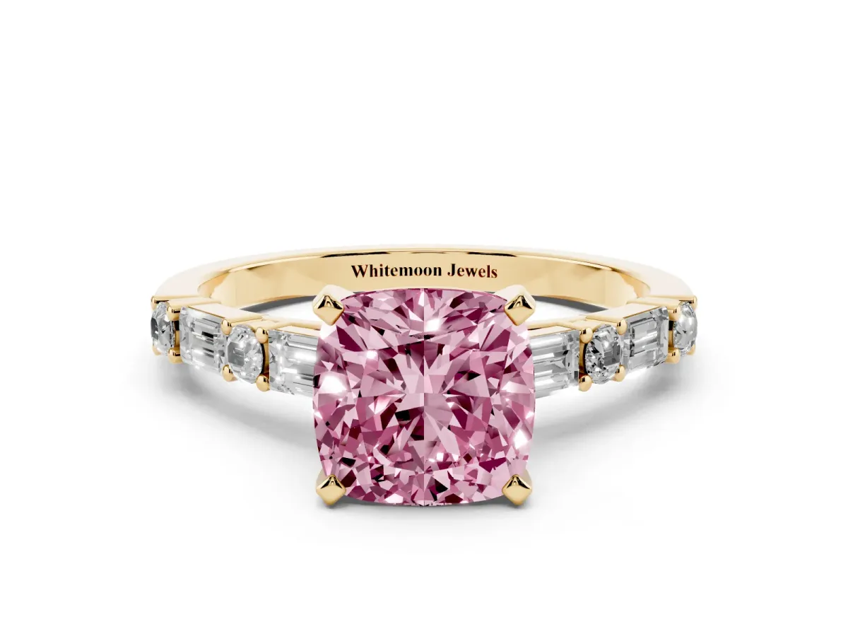 Fancy Pink Cushion Cut Diamond Solitaire with Side Baguettes and Channel Set Band Yellow gold