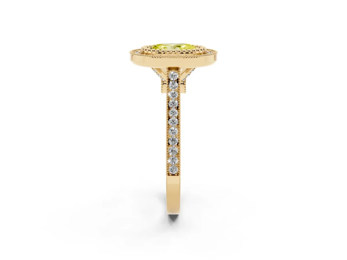 Fancy Yellow Oval Cut Diamond Halo Ring with Milgrain Frame and Pavé Band Yellow gold