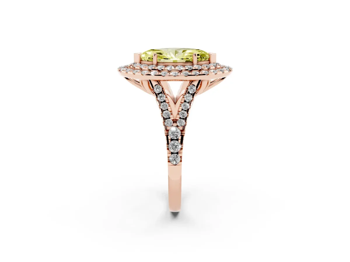 Fancy Yellow Double Halo Marquise Cut Diamond Pavé Split Shank Ring with Prong Setting Rose gold