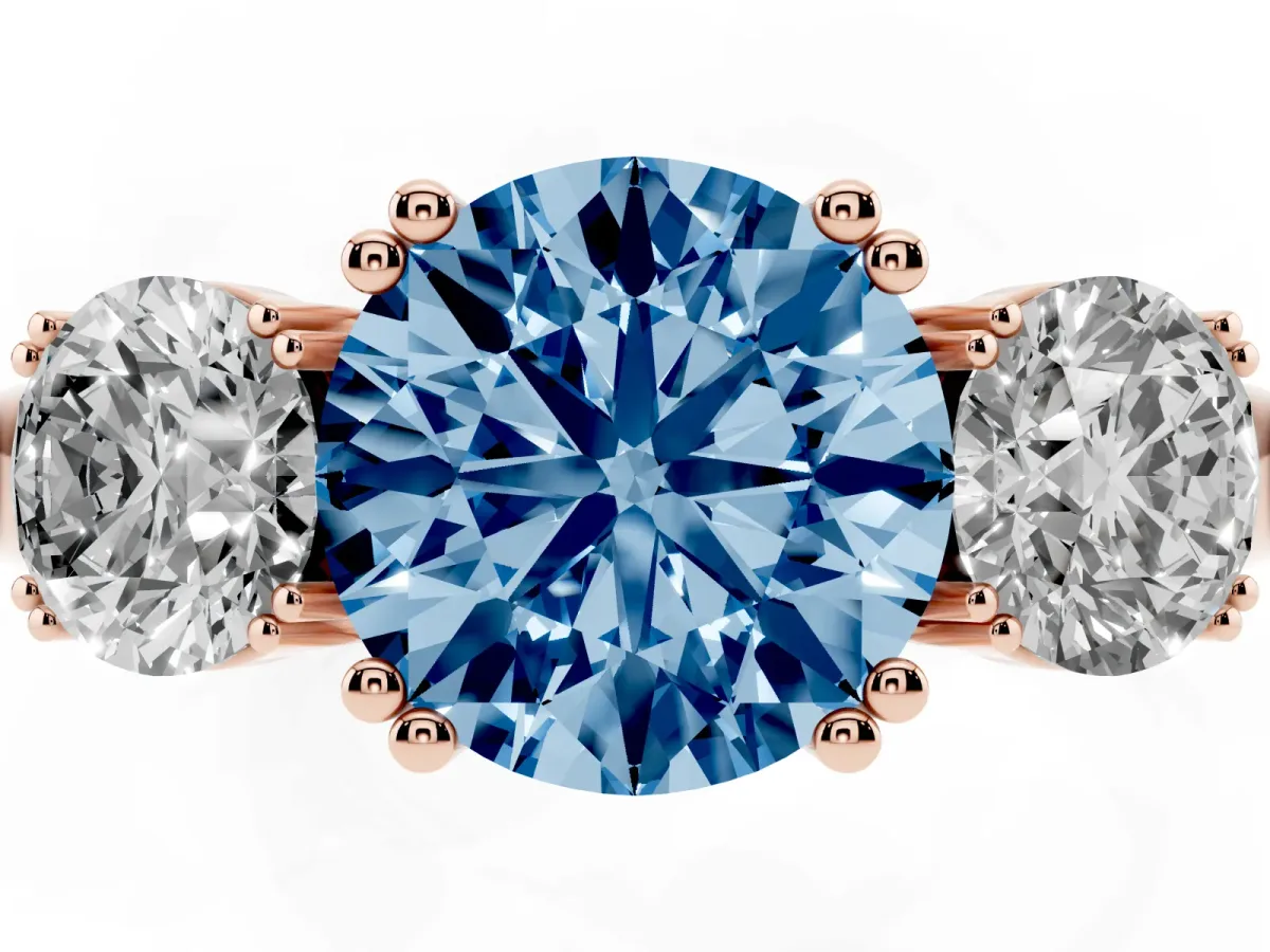Fancy Blue Three-Stone Round Cut Cut Diamond Ring with Channel Set Band and Four-Prong Setting Rose gold